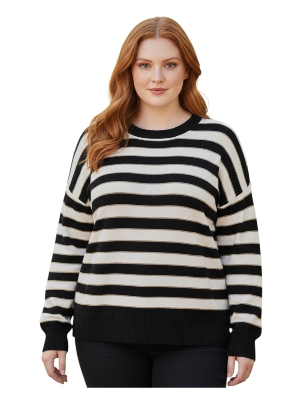 Ellen Tracy Navy Cream and Gold Striped Crewneck Sweater